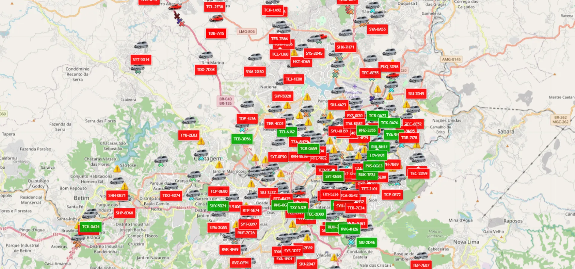 Mapa com rastreamento veicular em tempo real e gestão de frotas em Belo Horizonte, Contagem, Santa Luzia, Betim e Ibirité - GooberTec