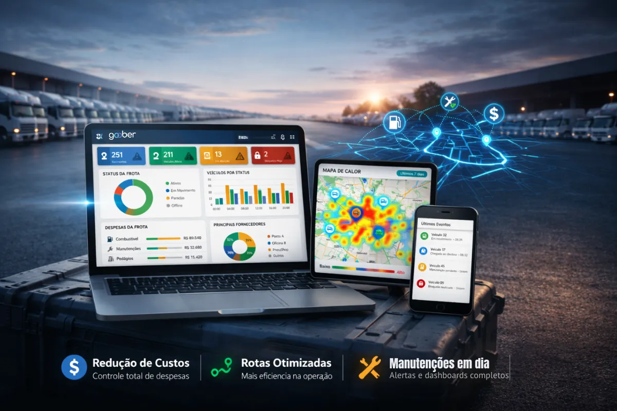 Dashboard de gestão de frotas GooberTec com monitoramento de caminhões em Belo Horizonte